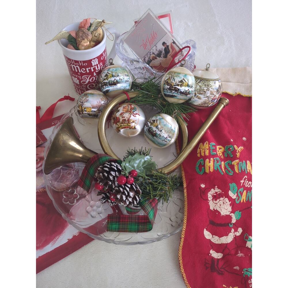 Antique Ornaments, Stocking, Horn & More